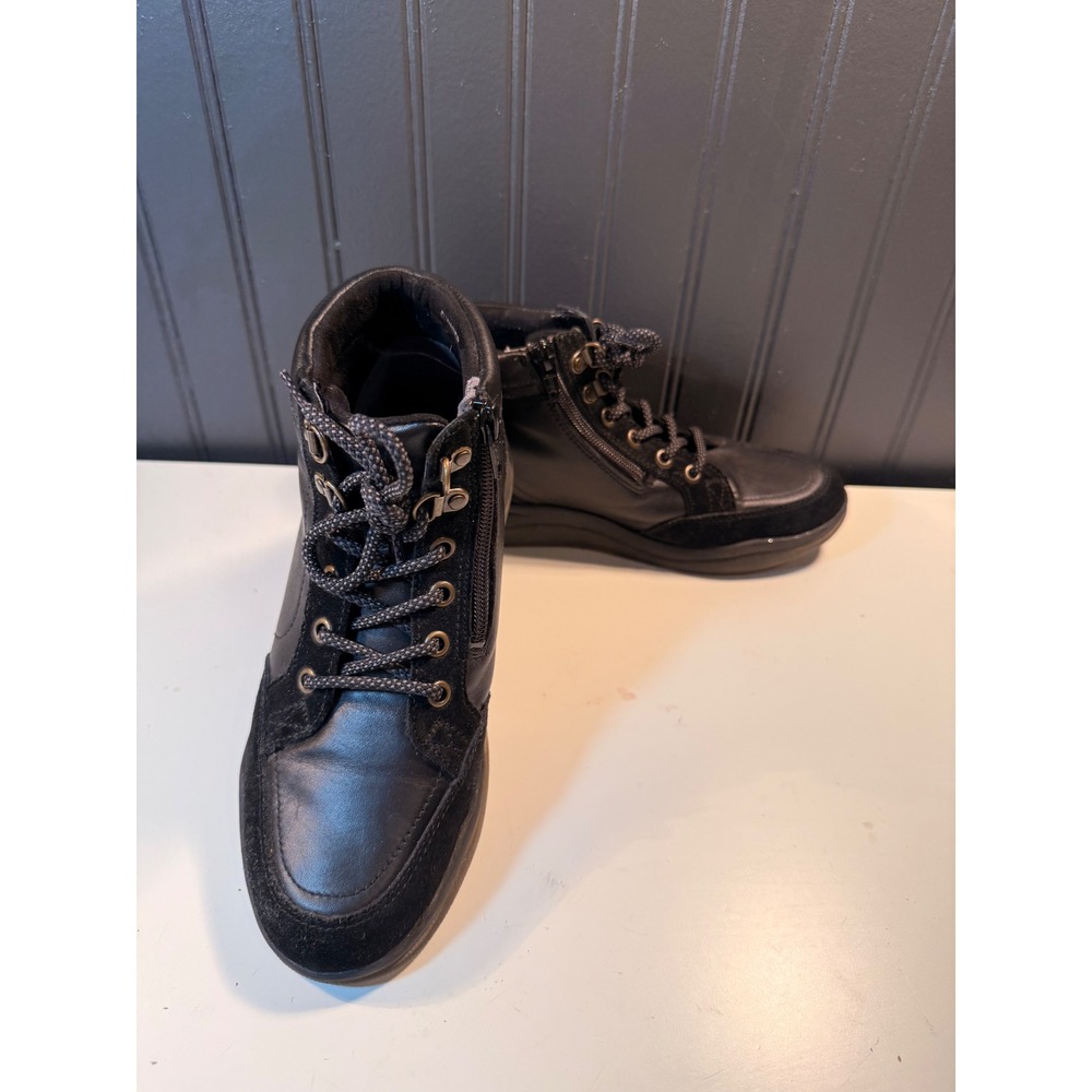 Vionic Whitley Black Leather Suede Waterproof Ankle Boots Side Zip Womens 7.5